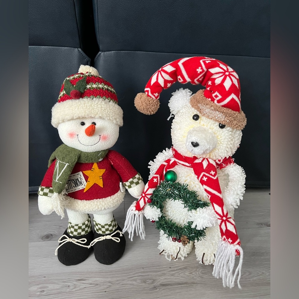 Festive Snowman and Bear Plush Decor Set